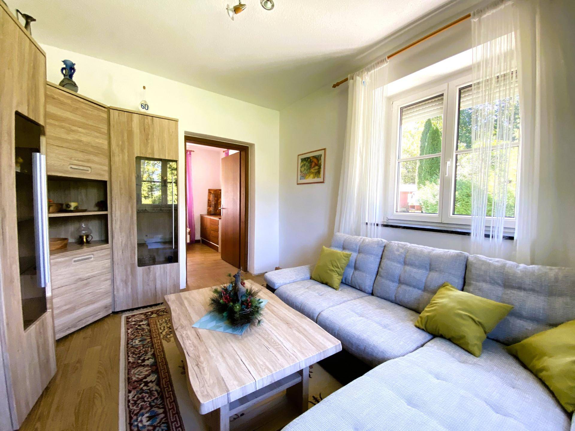 Helles Wohnzimmer mit bequemer Couch, Holztisch und Blick ins Grüne.
