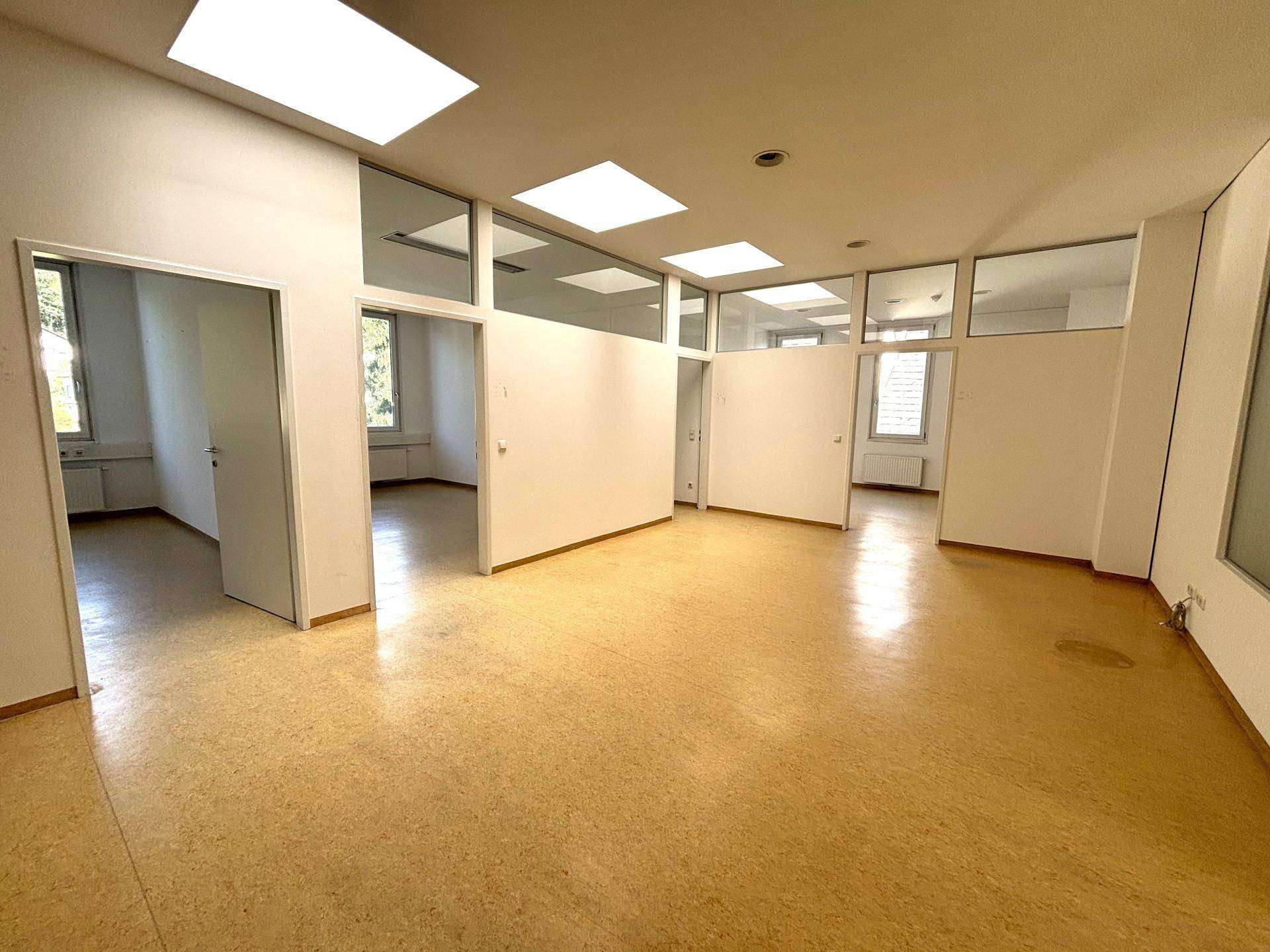 Großer Büroraum mit Linoleumboden und Fenstern, die einen Blick ins Grüne bieten, ideal für Arbeitsbereiche.