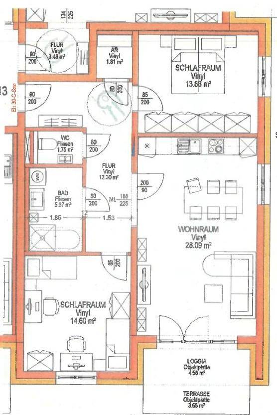 Grundriss einer Wohnung mit zwei Schlafzimmern, offenem Wohnbereich, Loggia und Terrasse.
