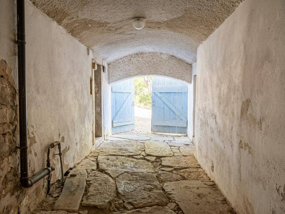 Historischer Gang mit Steinboden und gewölbter Decke, der zu blauen Holztüren führt.
