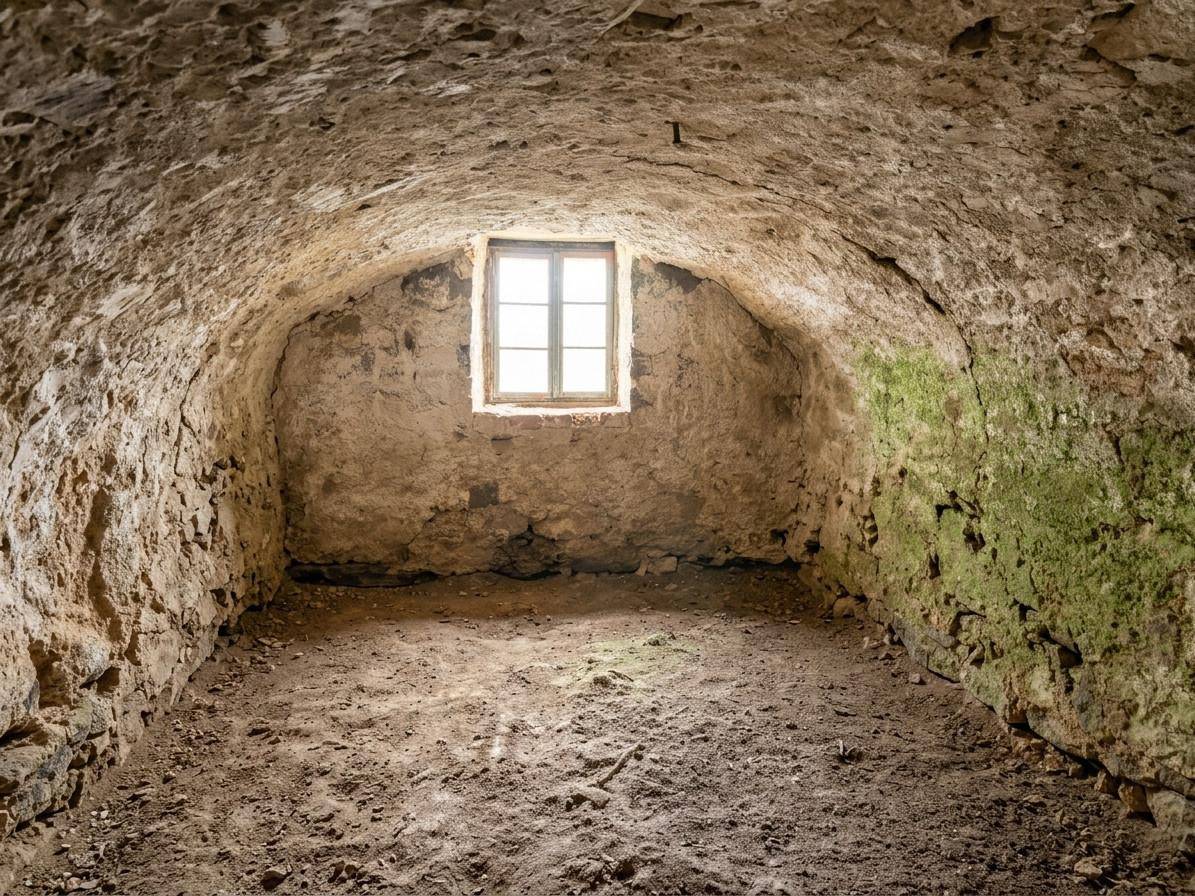 Gewölbekeller mit kleinen Fenstern und rauen Steinwänden, ungenutzt und renovierungsbedürftig.