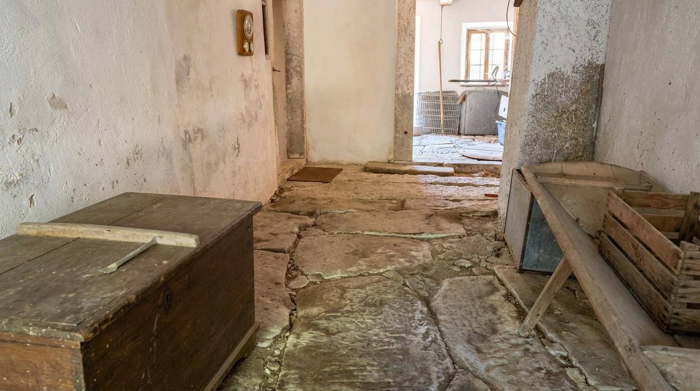 Rustikaler Gang mit unebenem Steinboden und Blick in einen weiteren Raum mit Fenstern.
