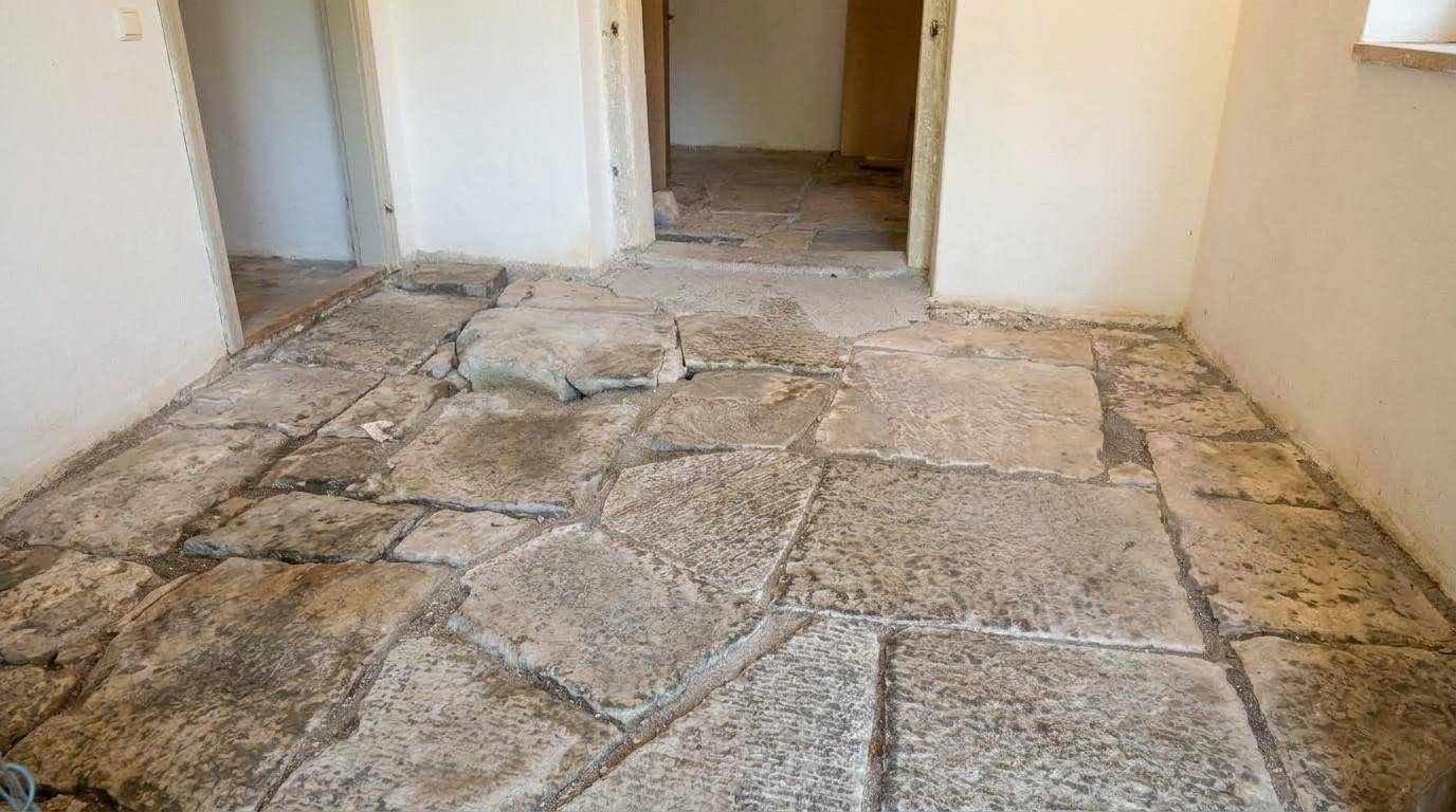 Geräumiger Raum mit großen, unregelmäßigen Steinplatten als Bodenbelag und weißen Wänden.