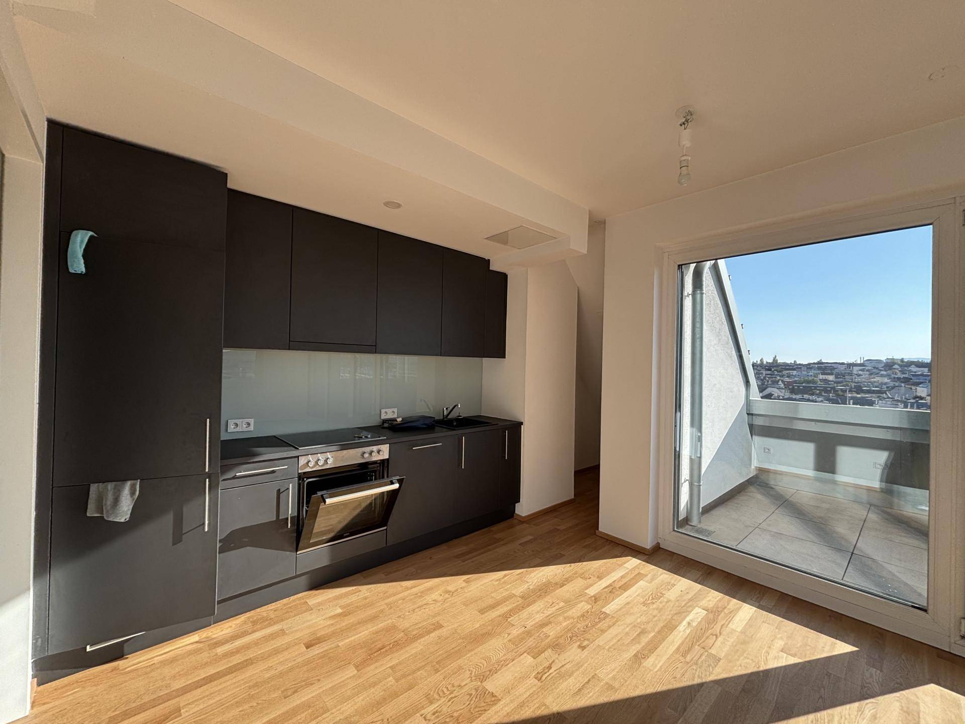Moderne Einbauküche in dunklen Farbtönen mit integriertem Backofen und direktem Zugang zur sonnigen Terrasse.