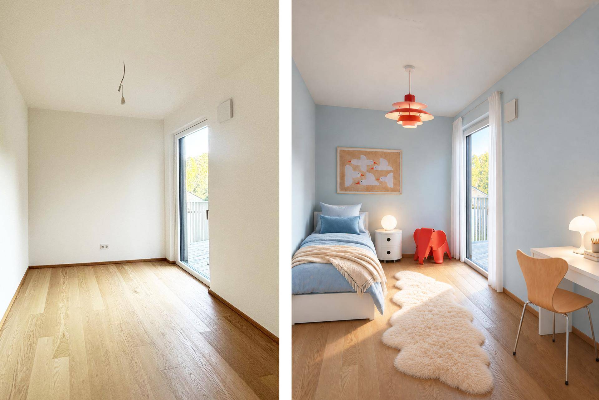 Vorher-Nachher-Ansicht eines Kinderzimmers mit Holzboden und Zugang zur Terrasse.