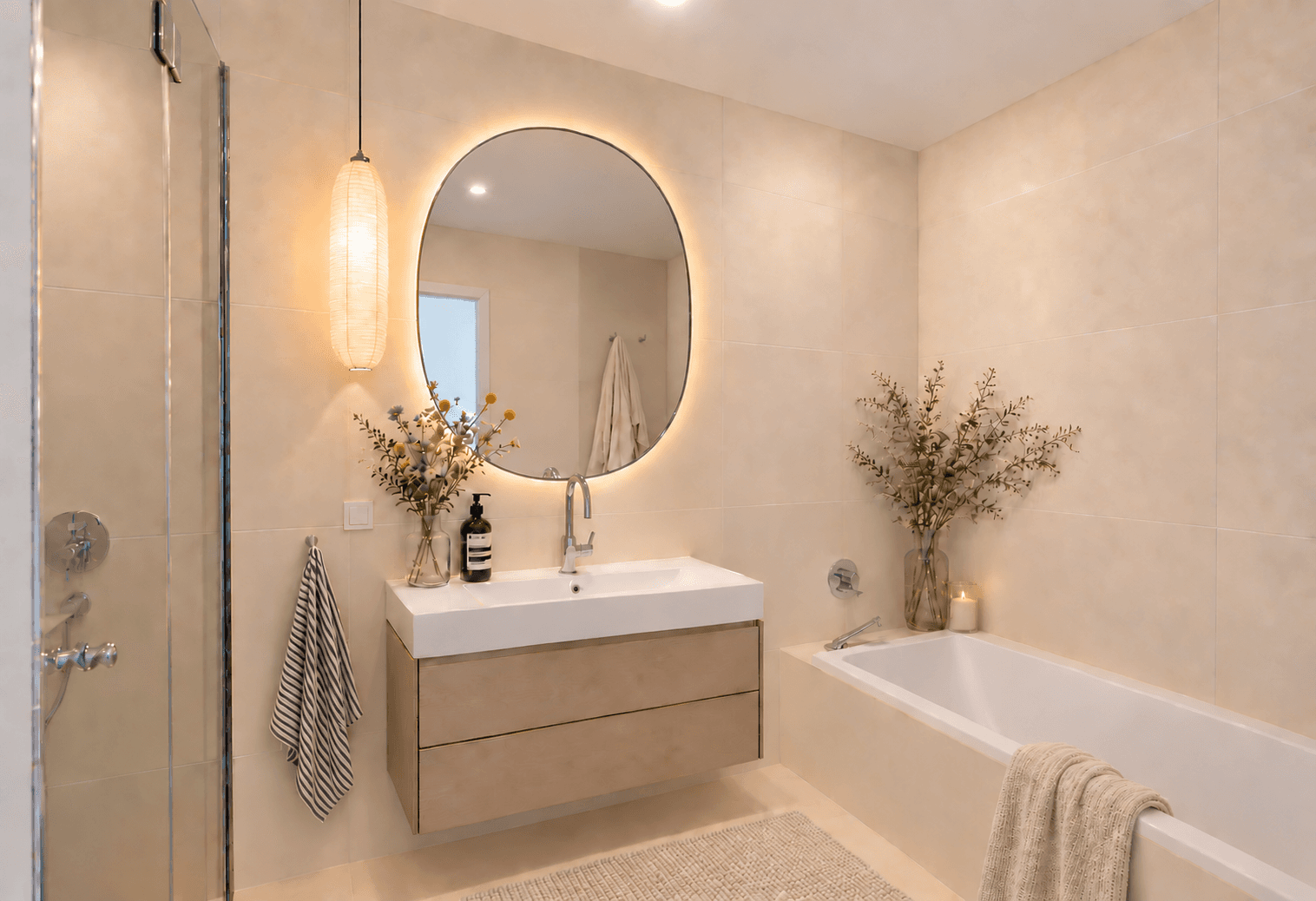Modernes Badezimmer mit Badewanne, Dusche, beleuchtetem Spiegel und beigefarbenen Fliesen.