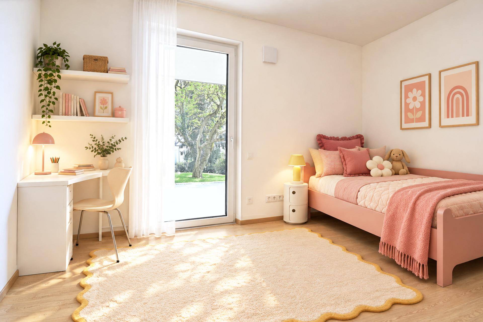 Freundliches Kinderzimmer mit Holzboden, Schreibtisch und Zugang zum Garten, liebevoll dekoriert in Pastelltönen.