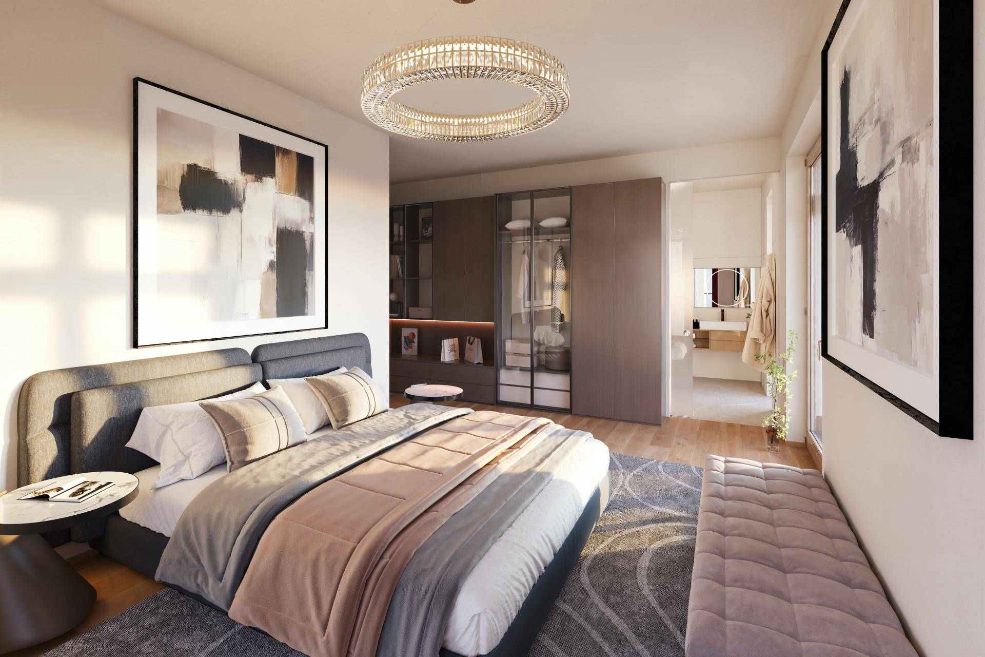 Modernes Schlafzimmer mit eleganten Einbauschränken, direktem Zugang zum Bad und viel natürlichem Licht.