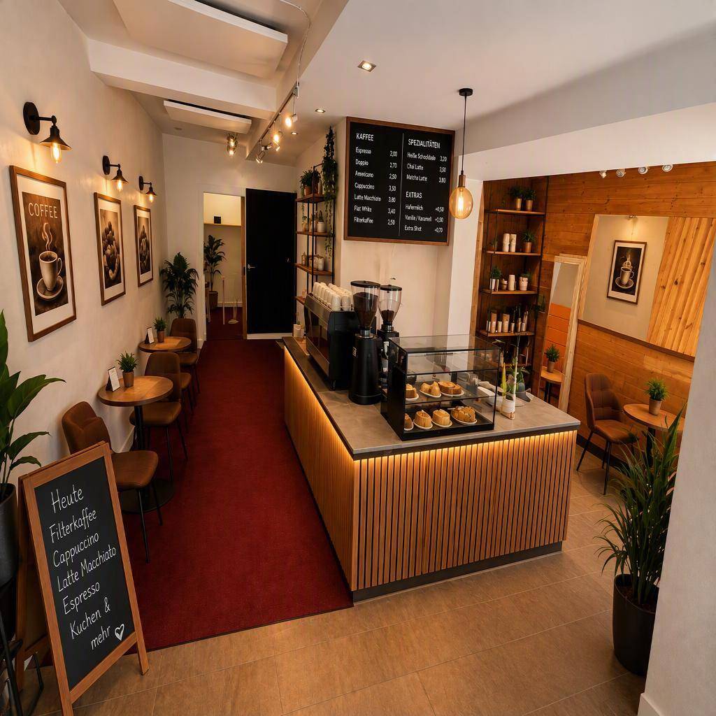 Modernes Café mit Theke, Sitzgelegenheiten, rotem Teppich und Holzvertäfelung für eine gemütliche Atmosphäre.