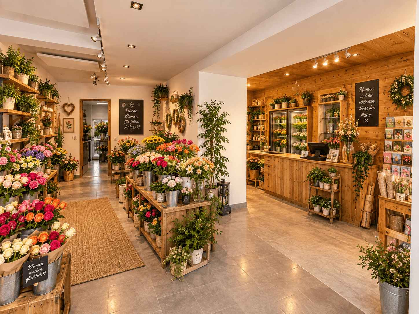Geräumiger Blumenladen mit vielfältigen Pflanzenarrangements, Holzregalen und heller Beleuchtung.