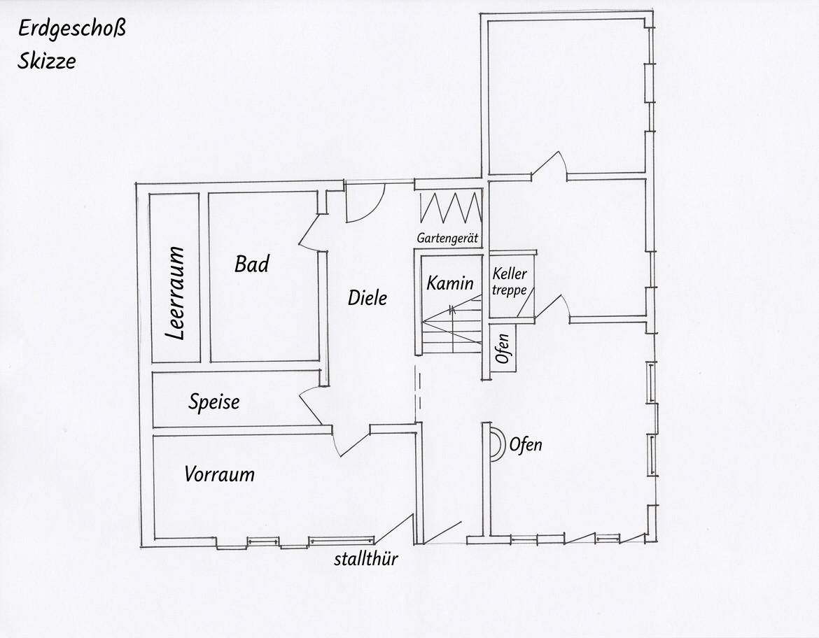Grundriss des Erdgeschosses mit Bad, Diele, Kamin und Ofen.
