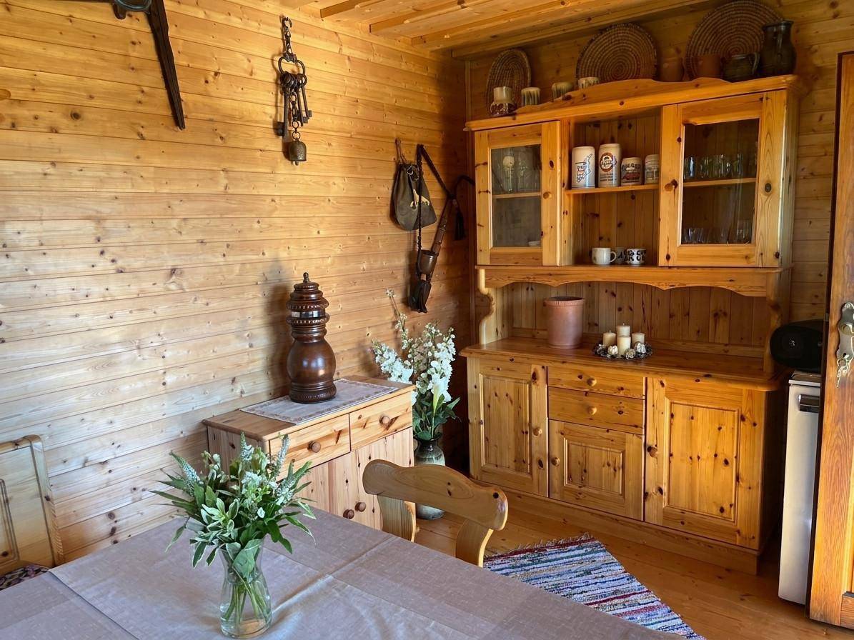 Gemütlicher Essbereich im Landhausstil mit Holzvertäfelung und traditionellen Möbeln.