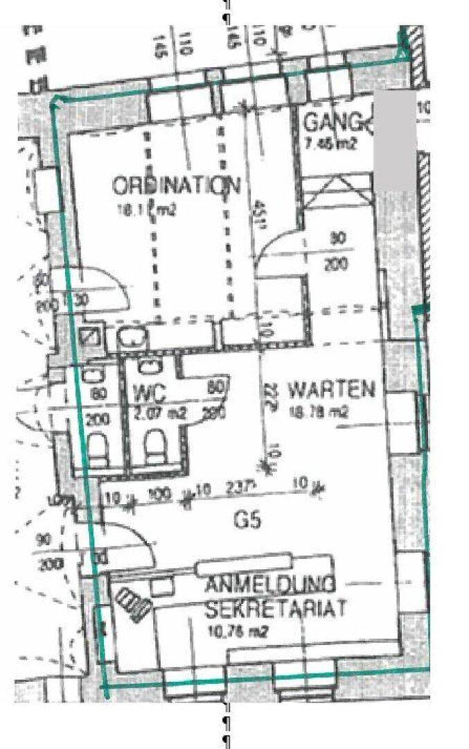Grundriss einer Ordination mit Wartebereich, Empfang, Behandlungszimmer und WC.