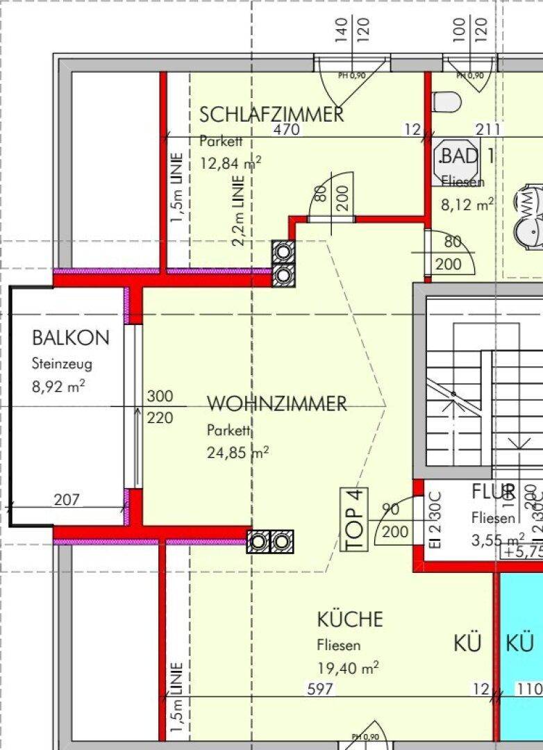 Grundriss zeigt eine Wohnung mit Wohnzimmer, Schlafzimmer, Küche und Balkon.