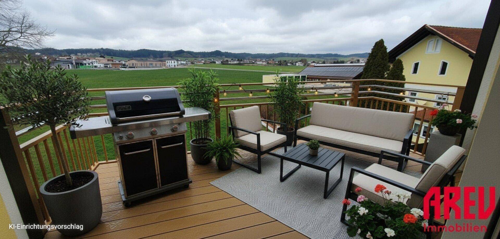 Geräumiger Balkon mit Grillbereich, Sitzgelegenheiten und Blick auf die umliegende Landschaft.
