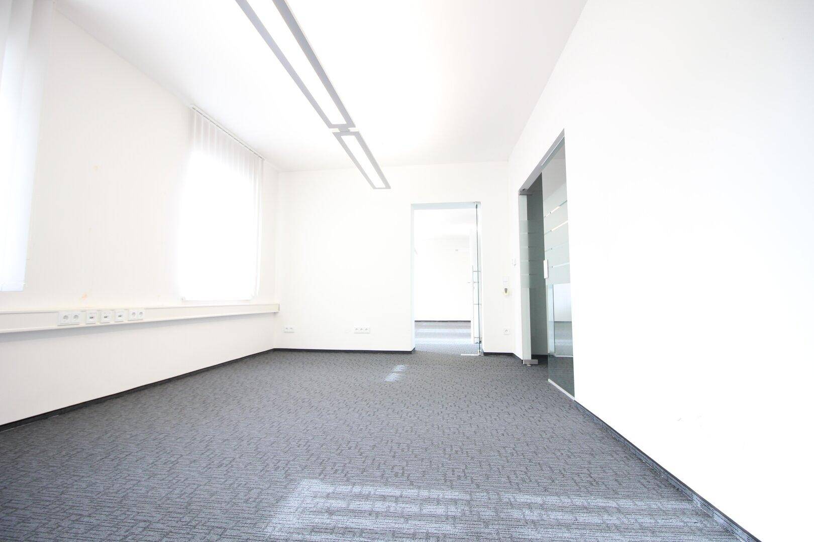 Heller Büroraum mit Teppichboden, Glastür und natürlichem Lichteinfall, bereit für individuelle Einrichtung.