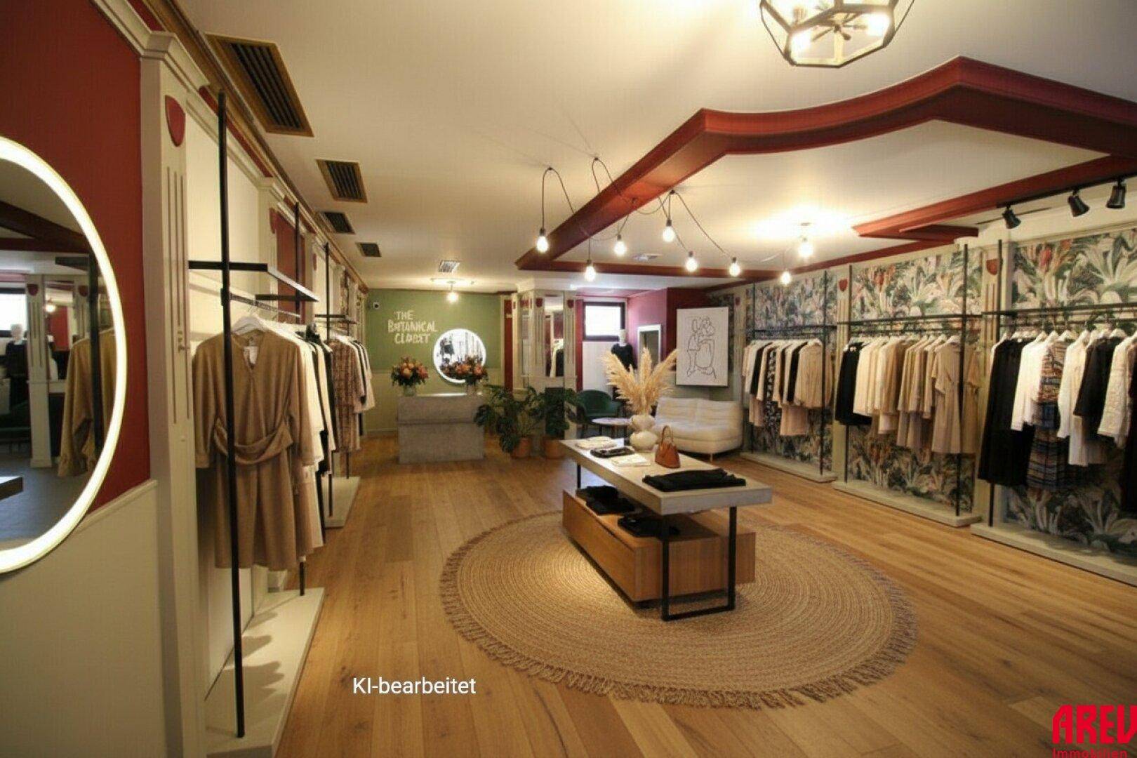 Modern eingerichteter Ladenbereich mit Kleiderständern, Spiegeln und stilvoller Dekoration, ideal für eine Boutique.
