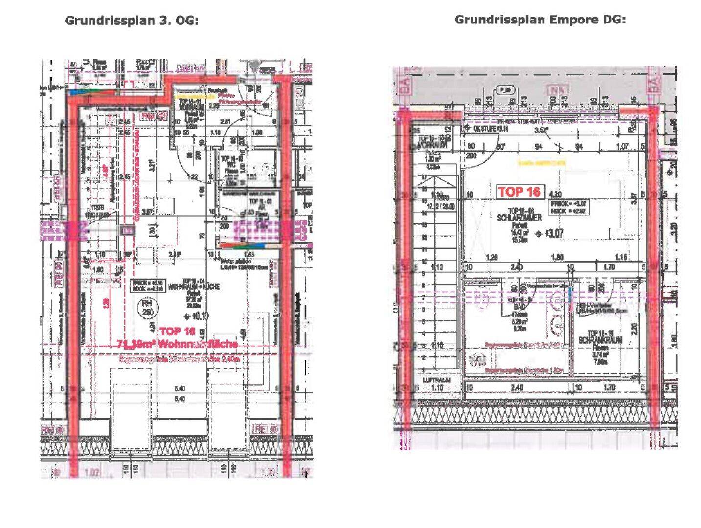 Grundrisspläne für das 3. Obergeschoss und die Empore im Dachgeschoss.