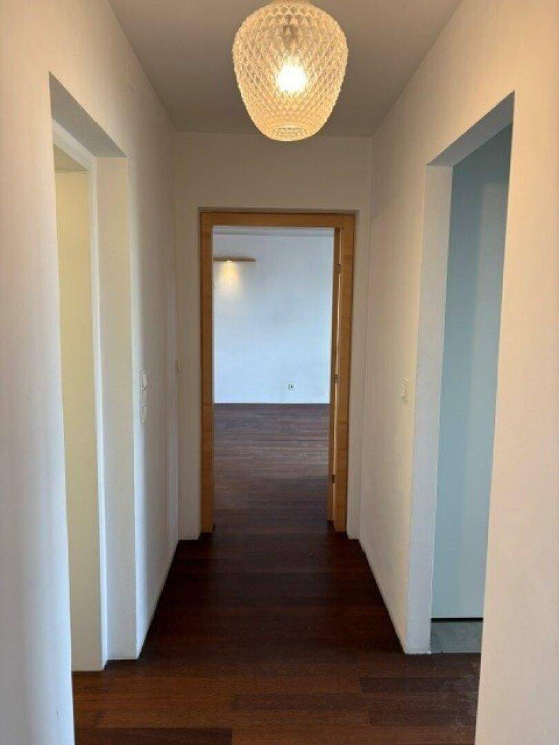 Heller Flur mit dunklem Holzboden, der zu weiteren Räumen führt.