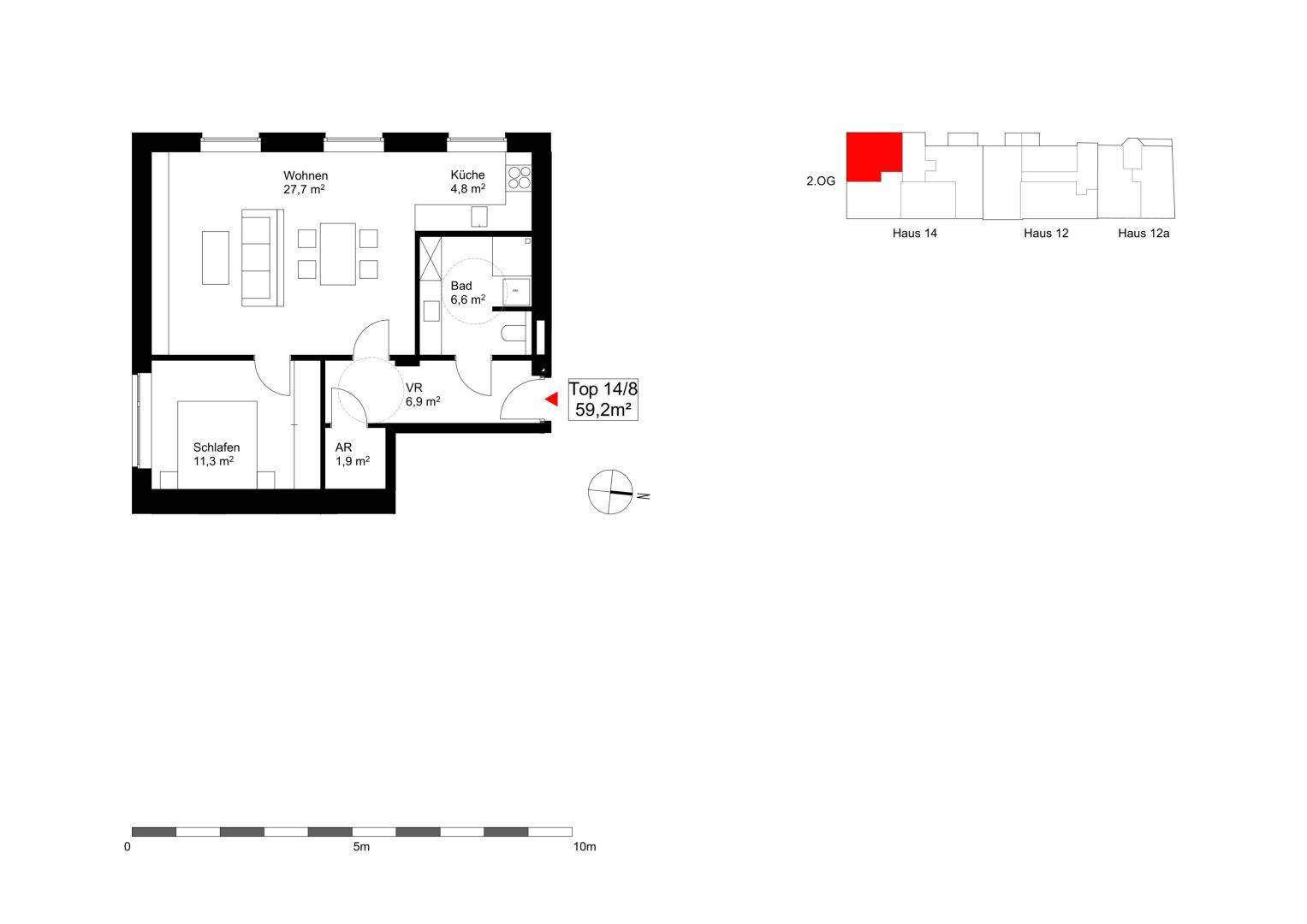 Grundriss der Wohnung Top 14/8 mit offenem Wohnbereich, Schlafzimmer und Balkon.