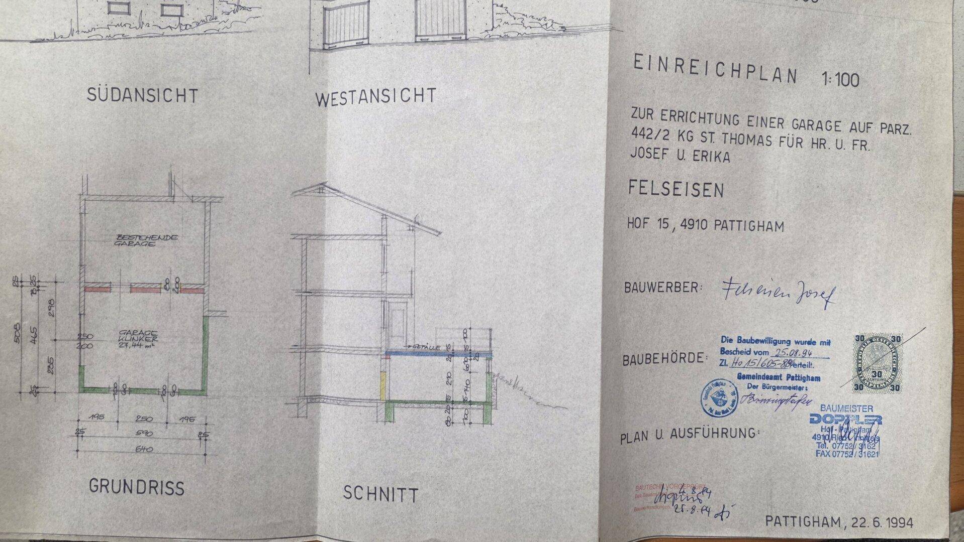 Einreichplan für eine Garage mit Grundriss und Schnittansicht aus dem Jahr 1994.