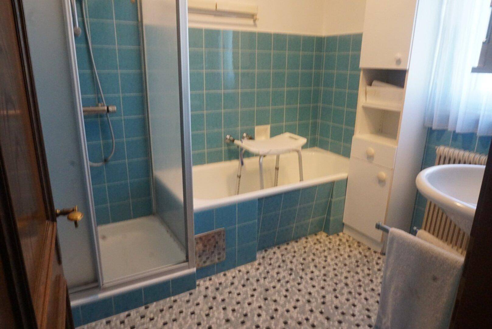 Badezimmer mit blauen Fliesen, Badewanne und separater Duschkabine.