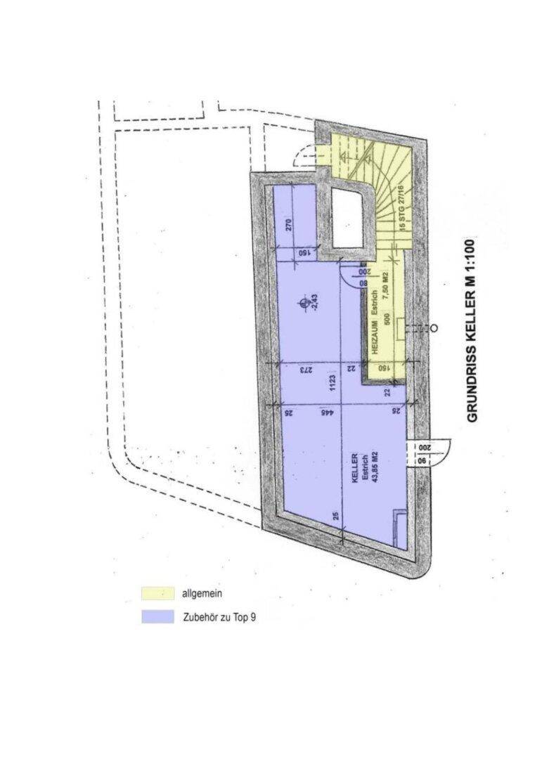 Grundriss des Kellers mit einem Kellerabteil und einem Heizraum.