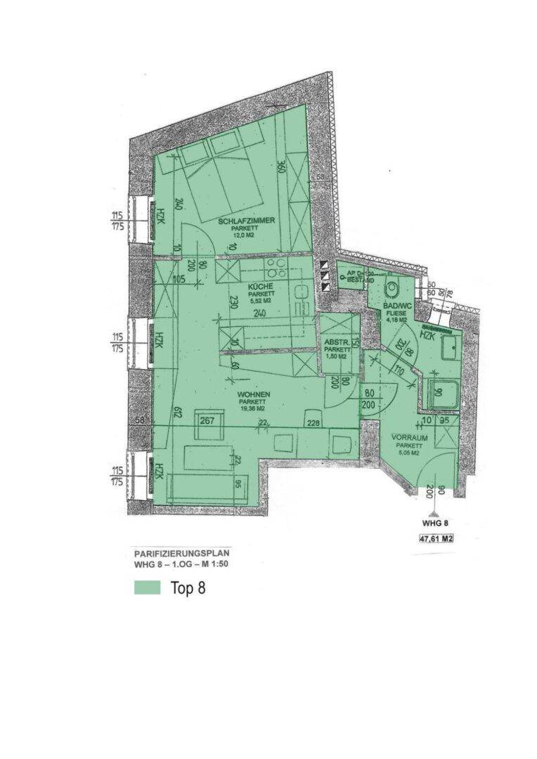 Parifizierungsplan einer Wohnung im ersten Obergeschoss mit Schlafzimmer, Küche und Bad.