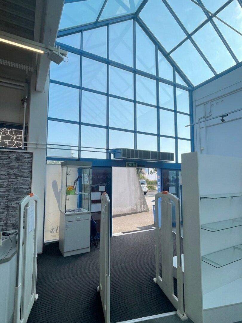 Eingangsbereich eines Geschäftsgebäudes mit Sicherheitsschleusen und einer hohen Glasfront, die den Blick nach draußen freigibt.