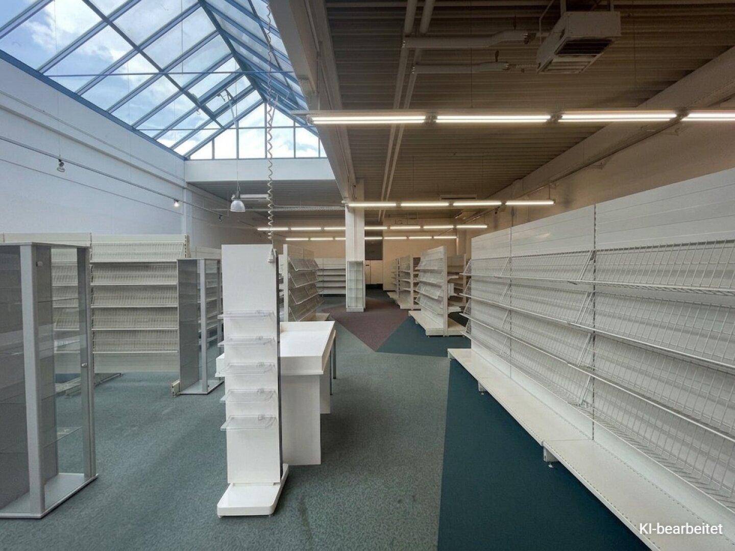 Großer, leerer Verkaufsraum mit vielen Regalen, Teppichboden und einem beeindruckenden Glasdach für viel Tageslicht.