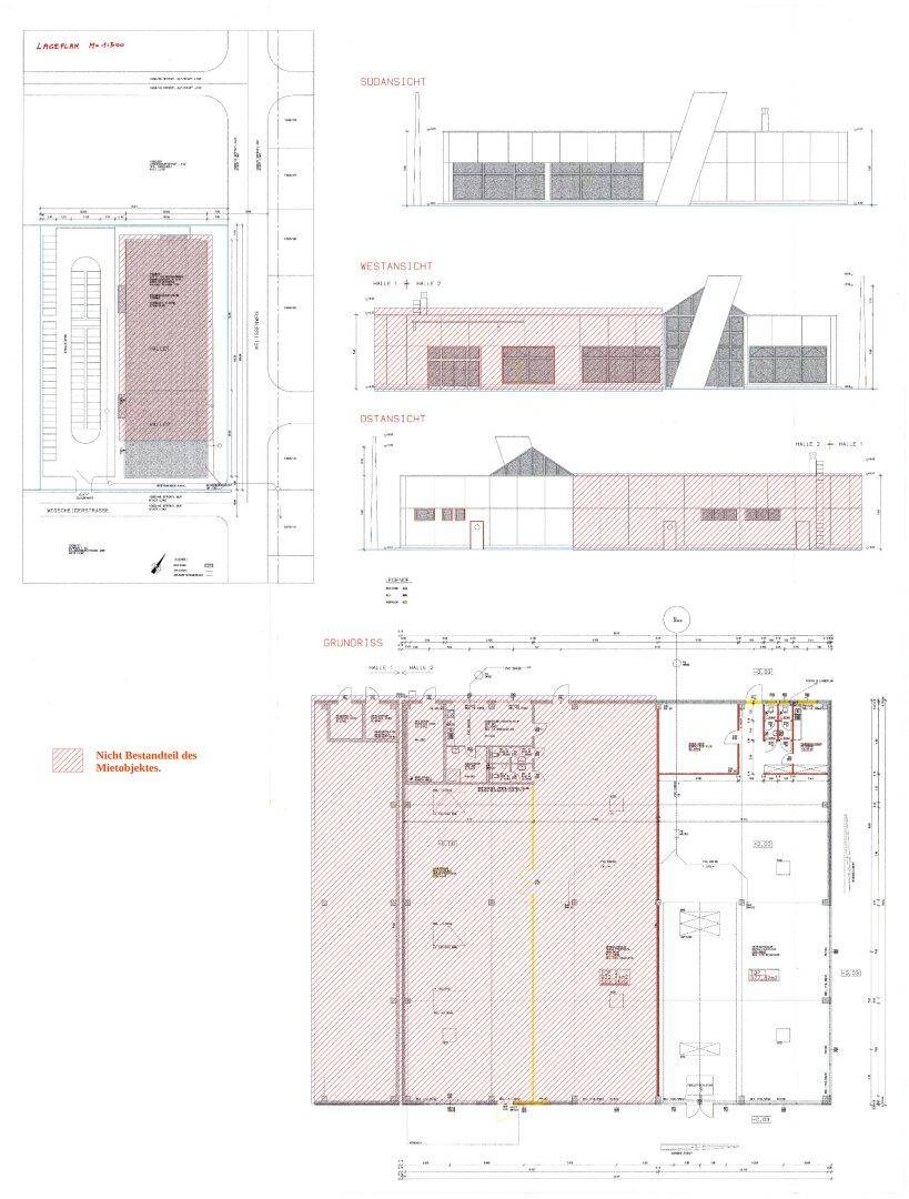 Detaillierter Bauplan mit Grundriss, Ansichten und Lageplan eines Gewerbeobjekts, inklusive markierter Mietflächen.