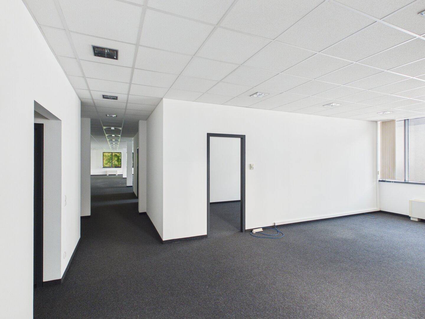 Langer Flur und offener Bürobereich mit Teppichboden und Fenstern am Ende.