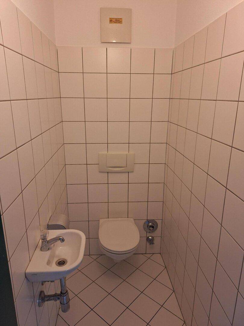 Kleines, vollständig gefliestes Gäste-WC mit wandhängender Toilette und Handwaschbecken.