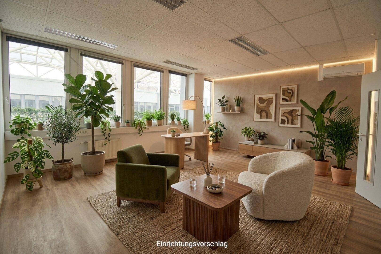 Gemütlicher Loungebereich mit bequemen Sesseln, Holztisch und vielen Pflanzen, ideal für entspannte Pausen.