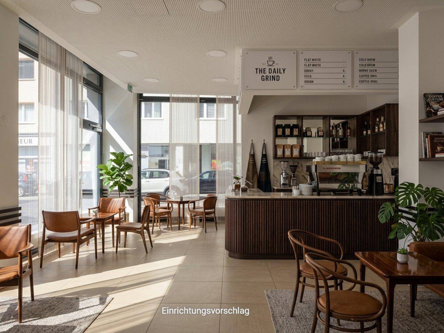 Helles Café mit minimalistischem Design, Holztischen und einer eleganten Kaffeebar.