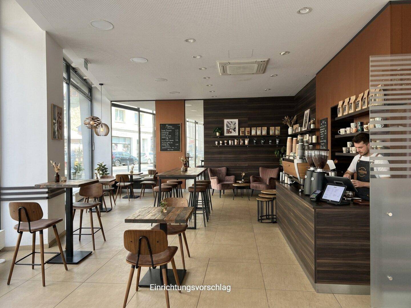 Geräumiges Café mit dunklen Holzvertäfelungen, verschiedenen Sitzbereichen und einer Theke.