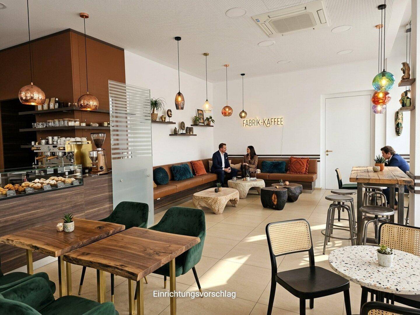 Stilvolles Café mit farbenfrohen Pendelleuchten, bequemen Sofas und einer modernen Einrichtung.