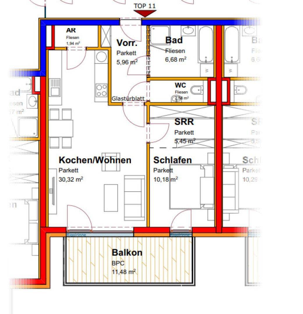 Detaillierter Grundriss einer Wohnung mit offenem Wohnbereich, Schlafzimmer und Balkon.