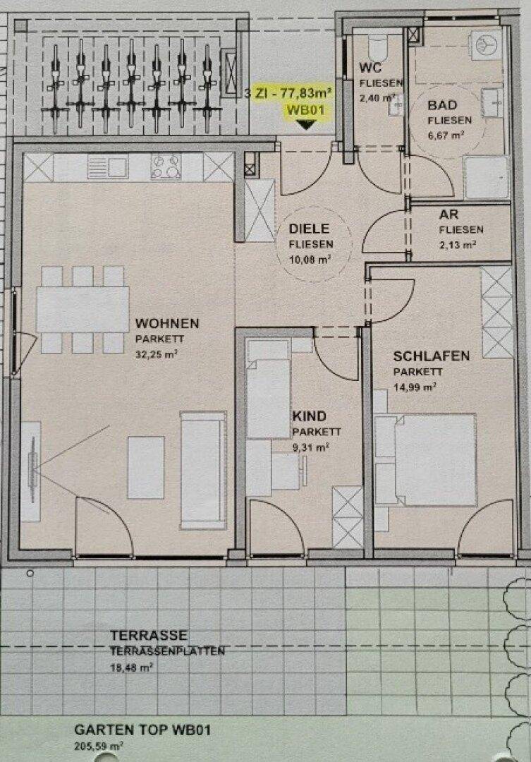 Grundriss einer Wohnung mit Wohnzimmer, Schlafzimmer, Kinderzimmer und Terrasse.