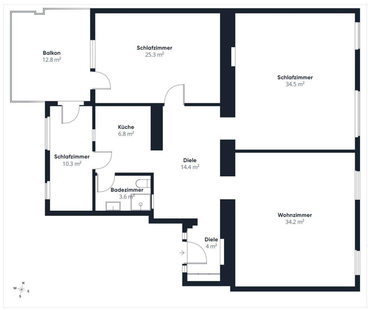 Grundriss der Wohnung mit Balkon, Küche, Bad und mehreren Schlafzimmern.