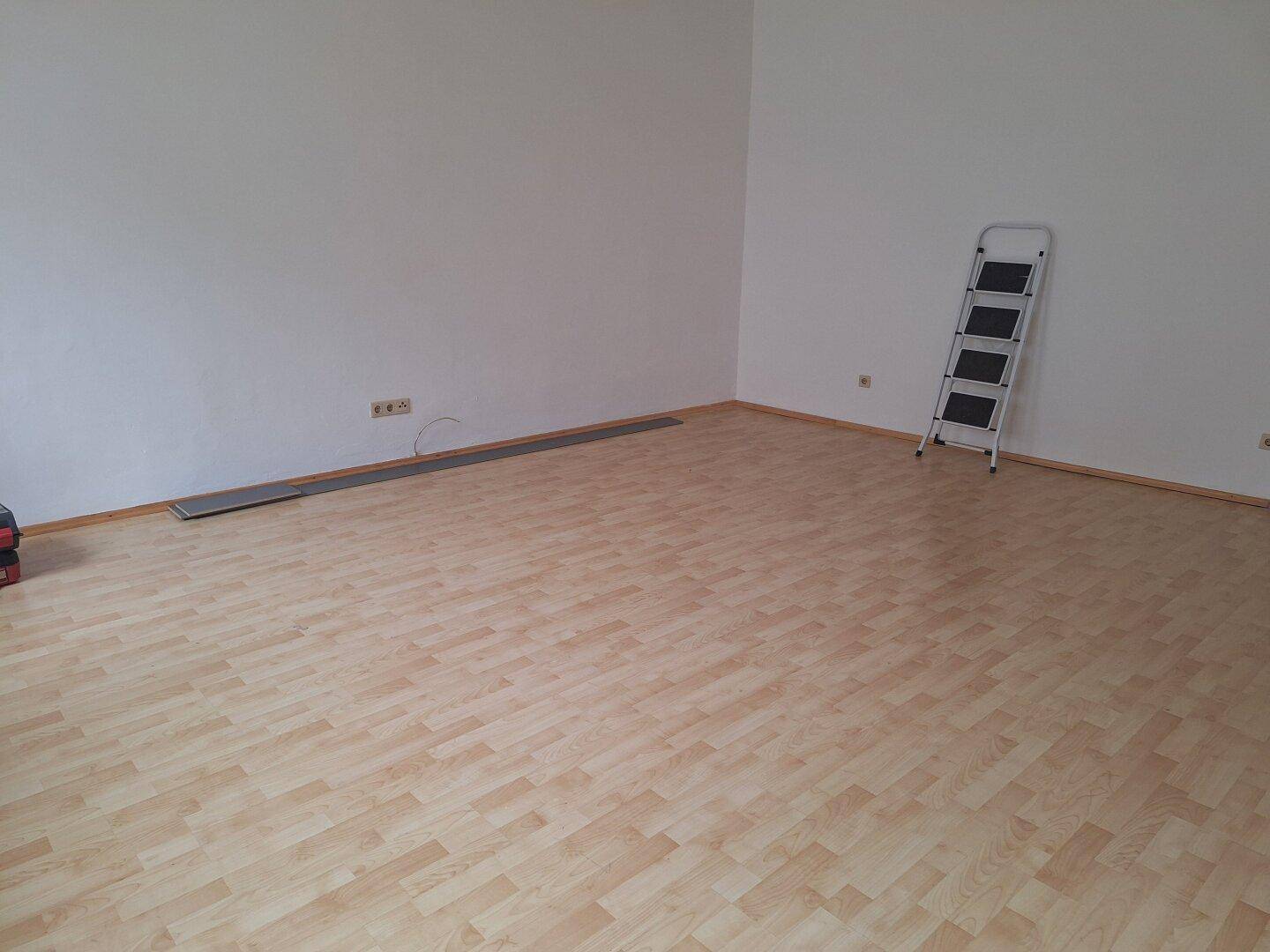 Geräumiger, unmöblierter Raum mit hellem Laminatboden und Steckdosen an den Wänden.
