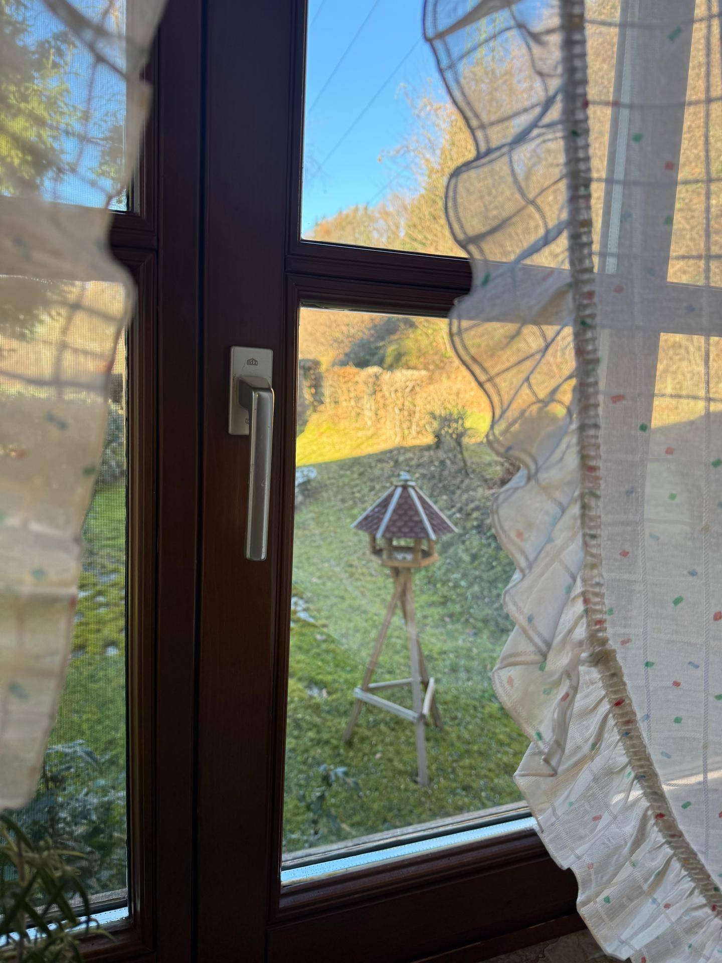 Fenster mit Blick auf den Garten und ein Vogelhäuschen, das die Natur ins Haus holt.