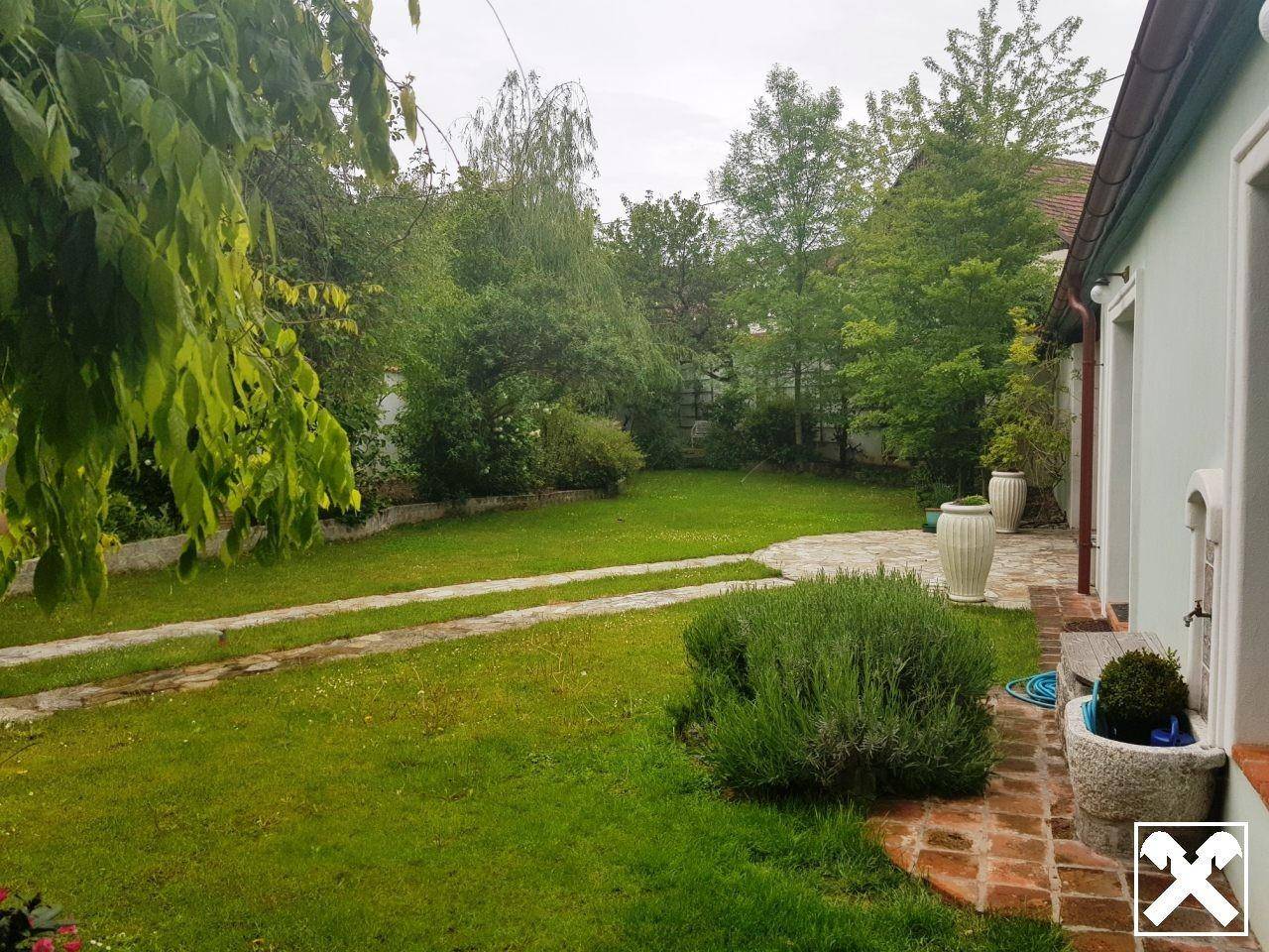 Grüne Rasenfläche im Garten mit Bäumen und Sträuchern unter bewölktem Himmel.