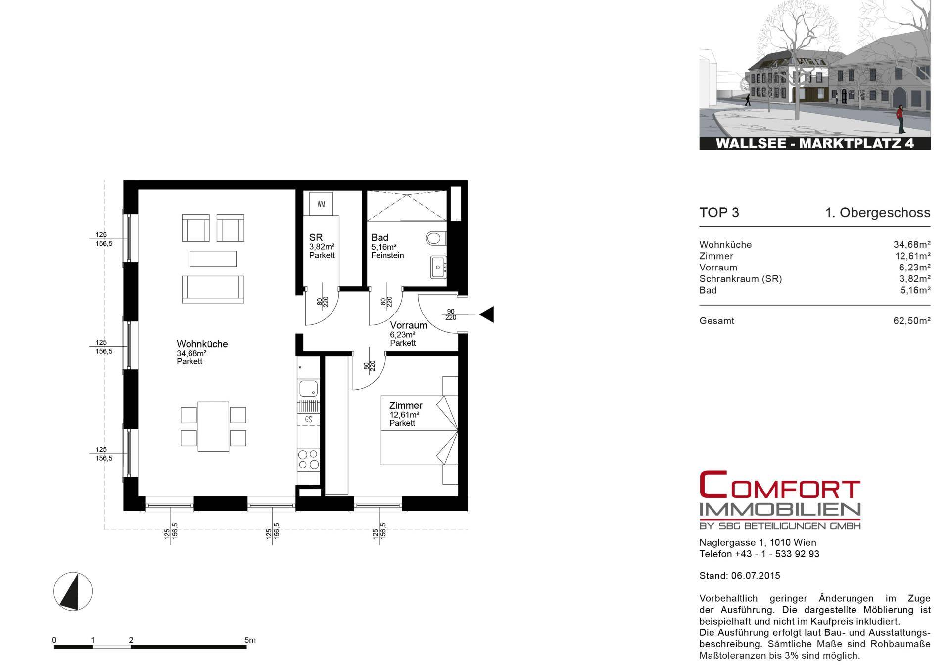 Detaillierter Grundriss einer Wohnung mit Wohnküche, Schlafzimmer, Bad und Abstellraum.