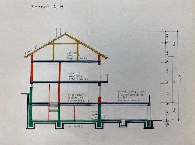 Schnittzeichnung A-B des Gebäudes zeigt die Geschosse und Dachkonstruktion.