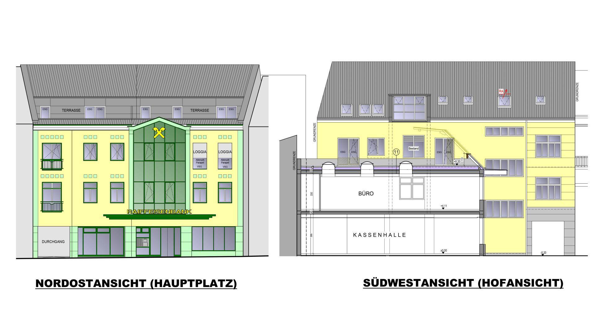 Ansicht Gebäude Vor- & Rückseite