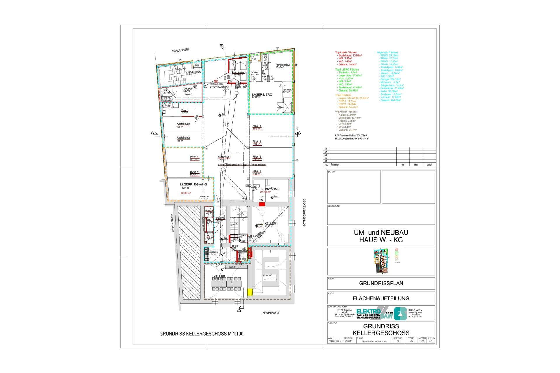 Grundriss des Kellergeschosses mit mehreren Lagerräumen, Technikraum und einem Kellerabteil, inklusive Tiefgaragenstellplätzen.