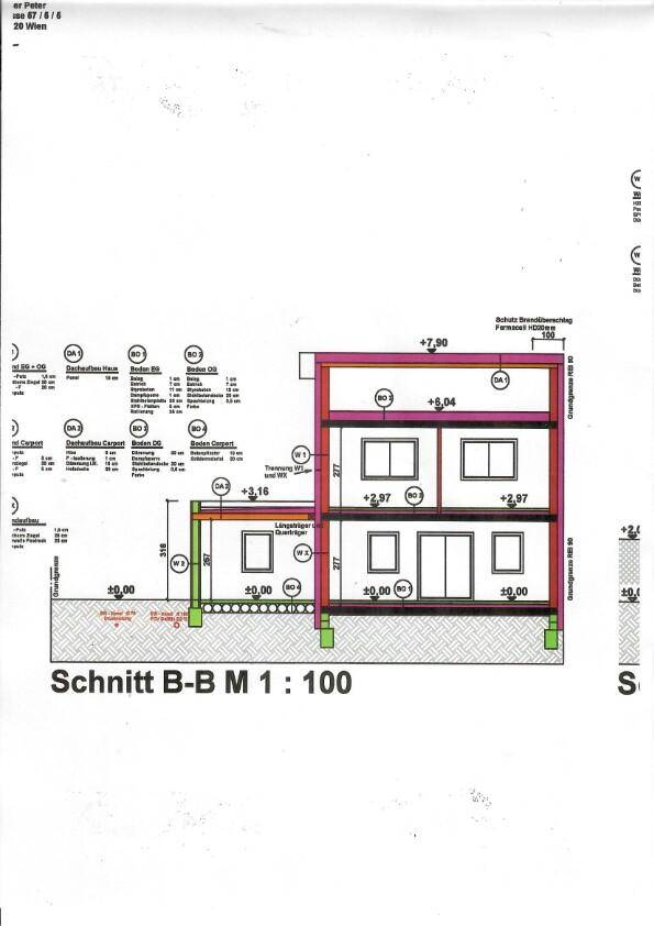 Gebäudeschnitt B-B zeigt die vertikale Struktur des Hauses mit zwei Stockwerken und Fensteranordnung.