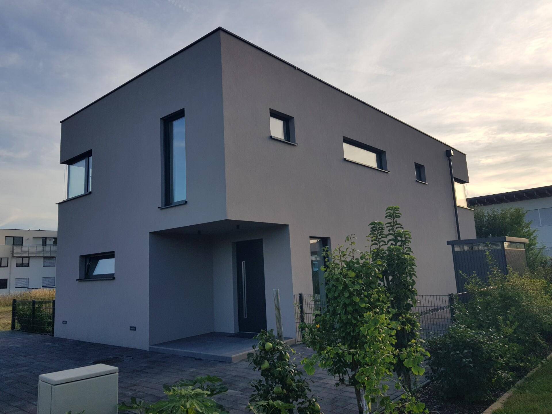 Moderne Hausfassade mit klaren Linien, dunkler Eingangstür und gepflegter Zufahrt.