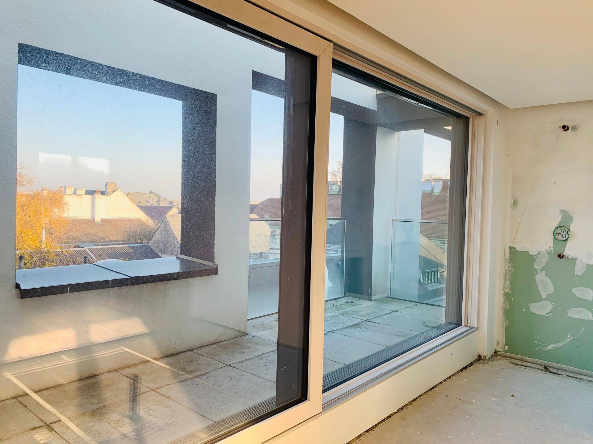 Heller Raum mit großen Schiebetüren und Blick auf die Umgebung, noch im Rohbauzustand.